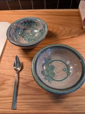 Handcrafted Ceramic Serving Bowls in Teal and Speckled Tan - Set of 2